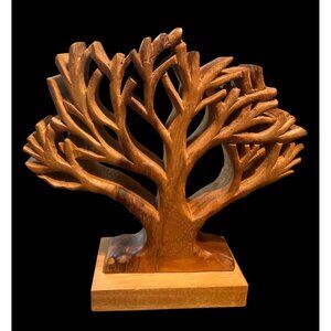 Vtg Carved Solid Wood "Tree Of Life" Sculpture 10"x10"x2" On 6" Base